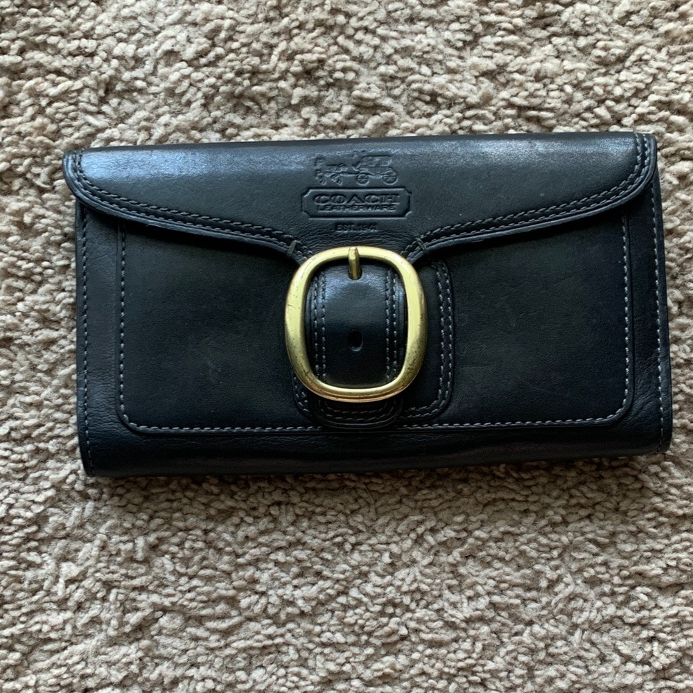 Coach Black Leather Wallet with Gold Buckle